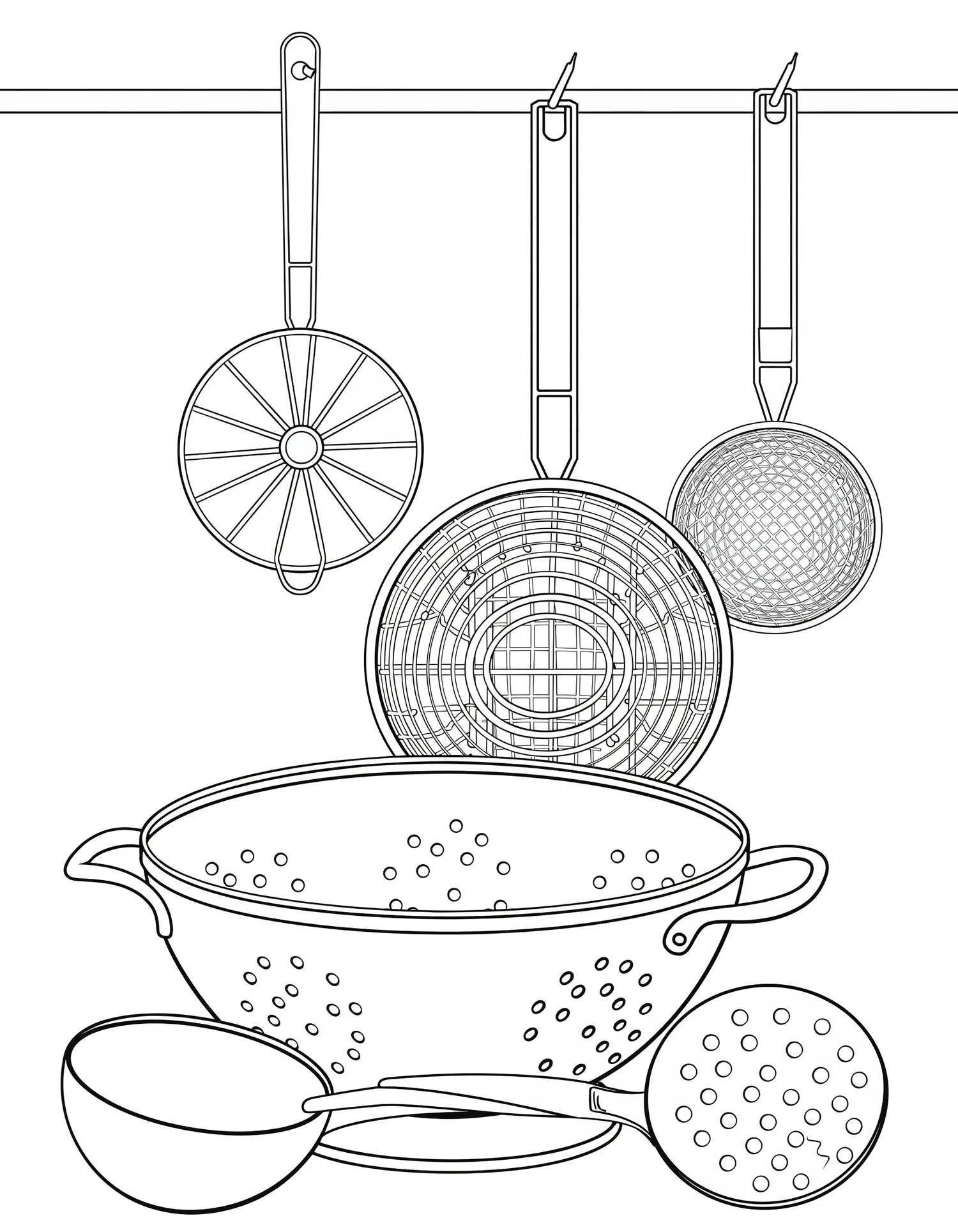 Passoires et Tamis Empilés, Coloriage cuisine à imprimer gratuitement